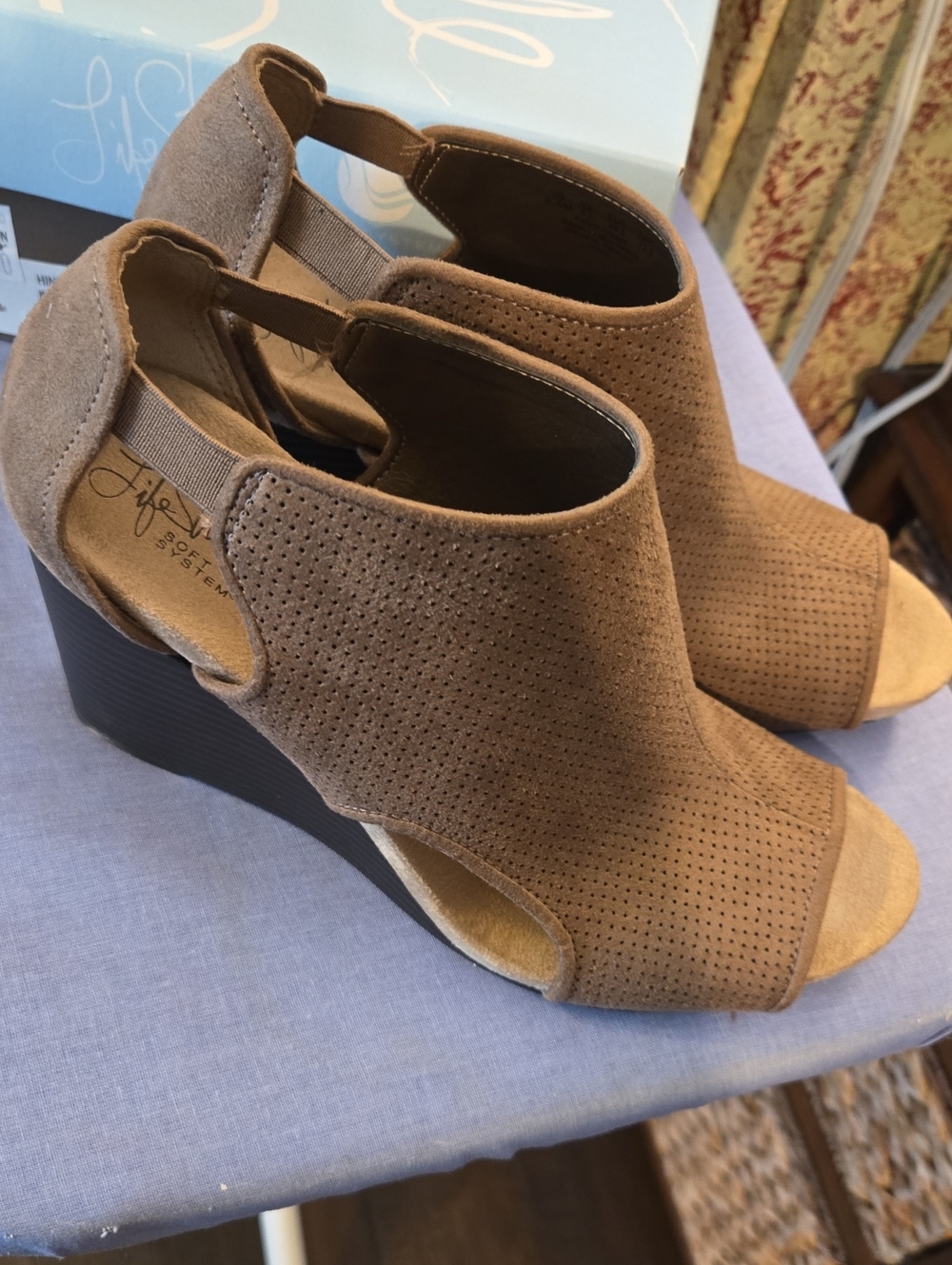Life Stride Tan Perforated Open-Toe Wedge Sandals
